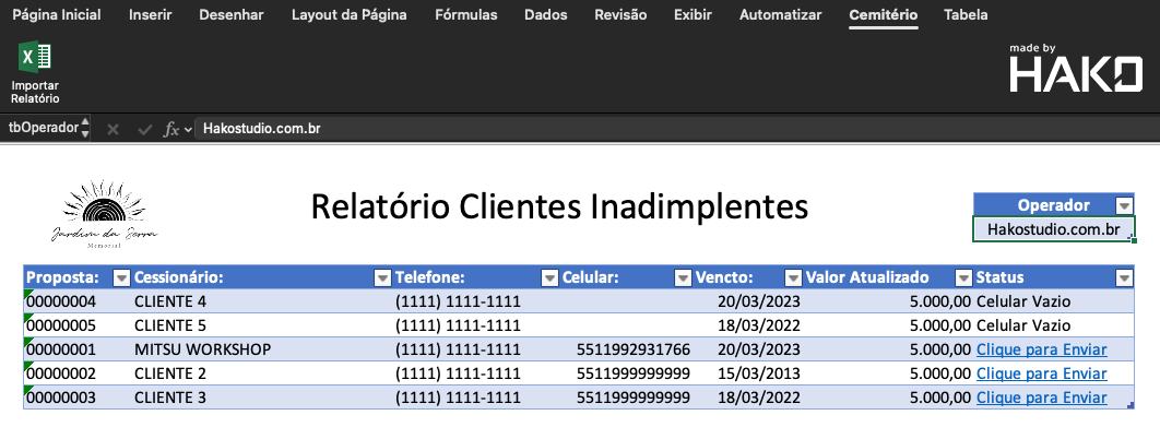 Tela do relatório importado